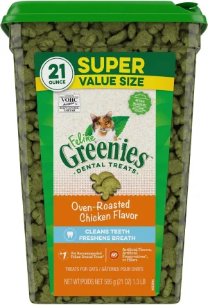 Greenies Feline Oven Roasted Chicken Flavor Adult Dental Cat Treats, 21 oz Tub
