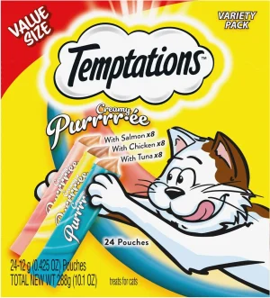 Temptations Creamy Puree Salmon, Chicken & Tuna Variety Pack Lickable Cat Treats, 24 Pouches