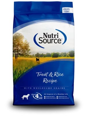 NutriSource Trout & Rice Recipe w/ Wholesome Grains Dry Dog Food, 4 lb bag (Case of 8)