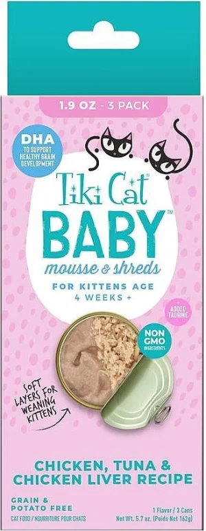 Tiki Cat Baby Chicken, Tuna & Chicken Liver Recipe Trial Pack Grain-Free Mousse & Shreds Wet Kitten Food, 1.9-oz can, case of 3